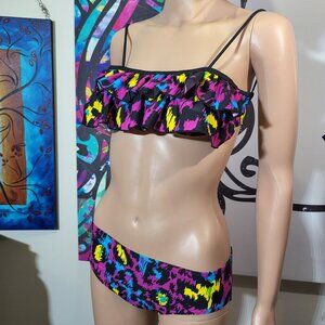 Coastalista Girl's Bright Purple/Yellow/Blue Bikini with Ruffle Top Size Large
